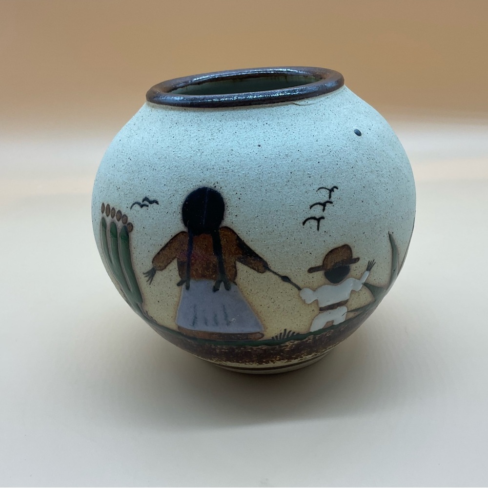 Mexican Hand-Painted Folk Art Pottery Vase Mother and Child Artist Signed